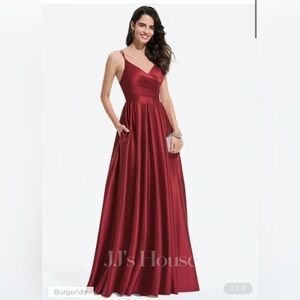 JJ’s House Burgundy A-line V-Neck Floor Length Satin Prom Dress Gown